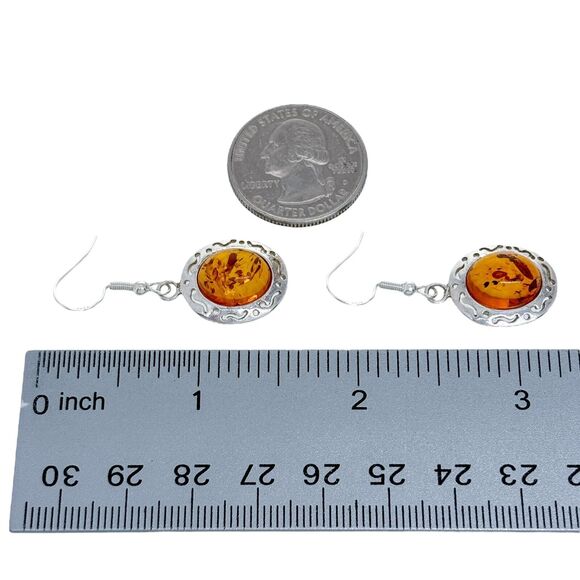Vintage Sterling Silver 925 Cut Out Amber Cabochon Dangle Earrings - Picture 4 of 5